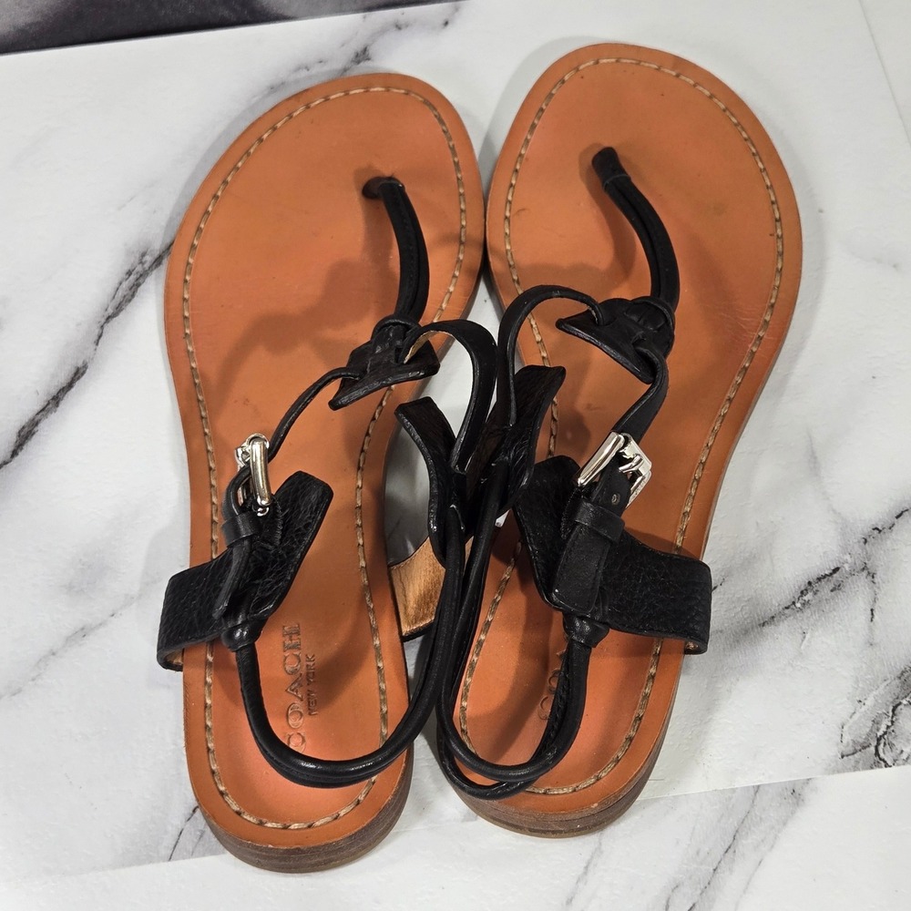 Coach Clarkson Thong Sandals Women 9.5B Black Leather Flat Slingback Strappy